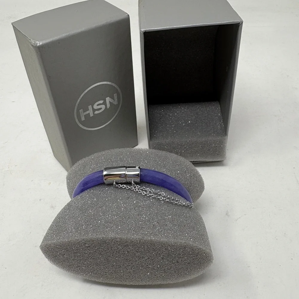 Joy Mangano Purple Heart Bangle Watch Silver Tone Magnetic Clasp Safety Chain